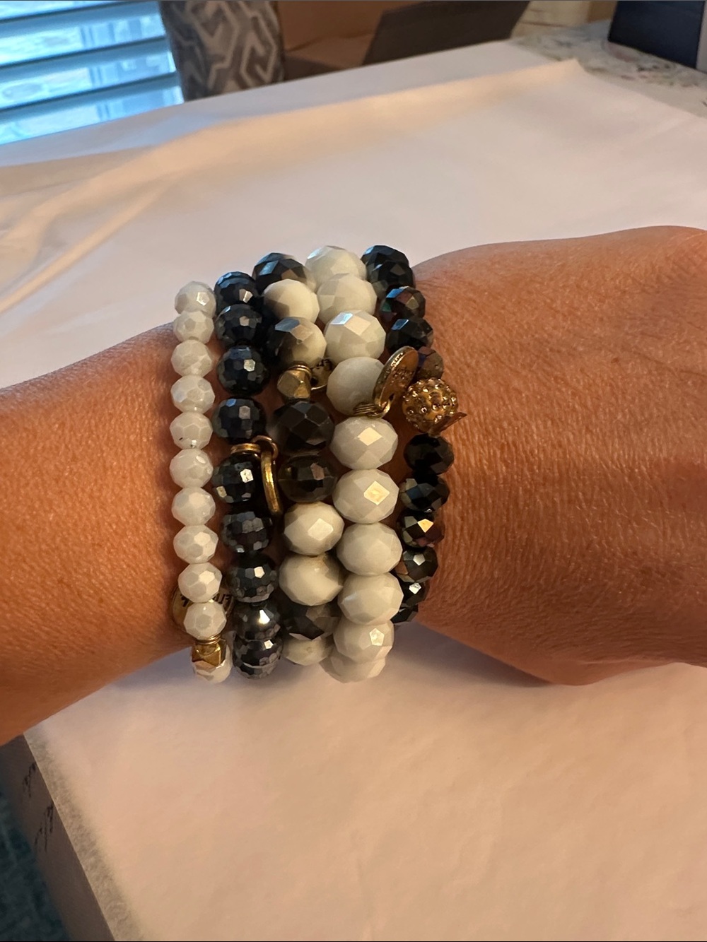 Erimish Black, White & Gold Faceted Bead Stack Bracelet Set